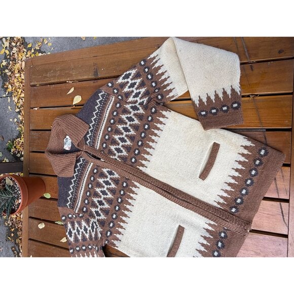 80s An Original White Ram Knitting Co Ltd Cardigan Sweater Full Zip Ivory Brown - Picture 3 of 14